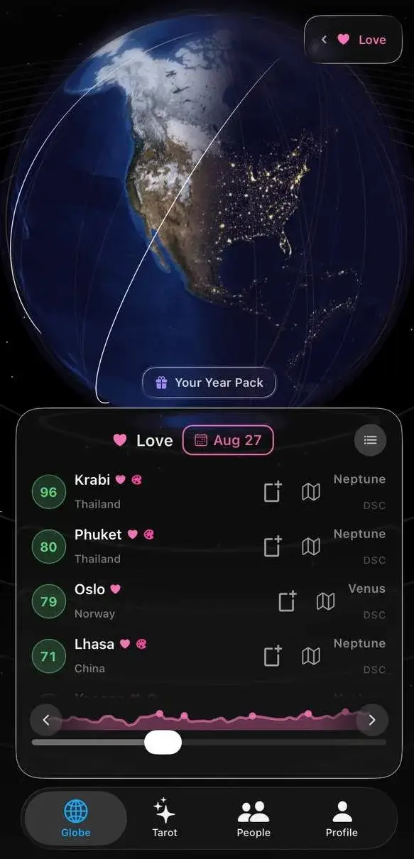 Meridy app preview — astrocartography globe