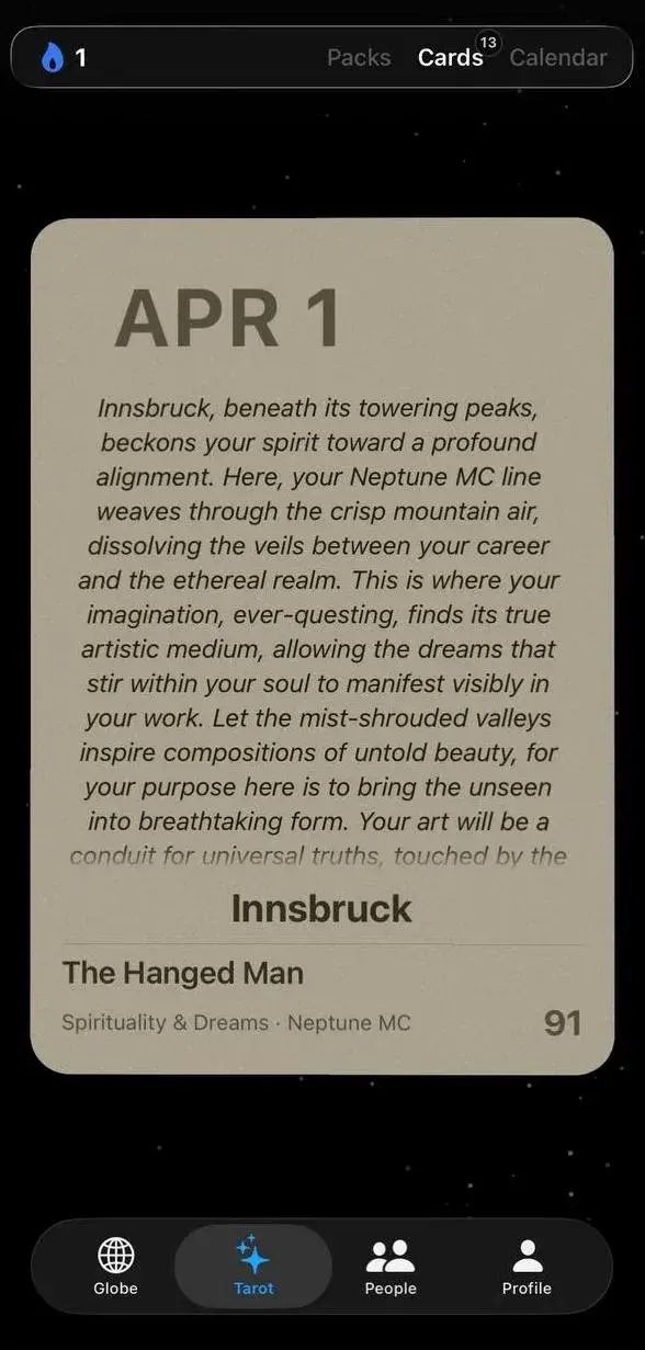 Meridy tarot card revealed with city, planet, and AI reading